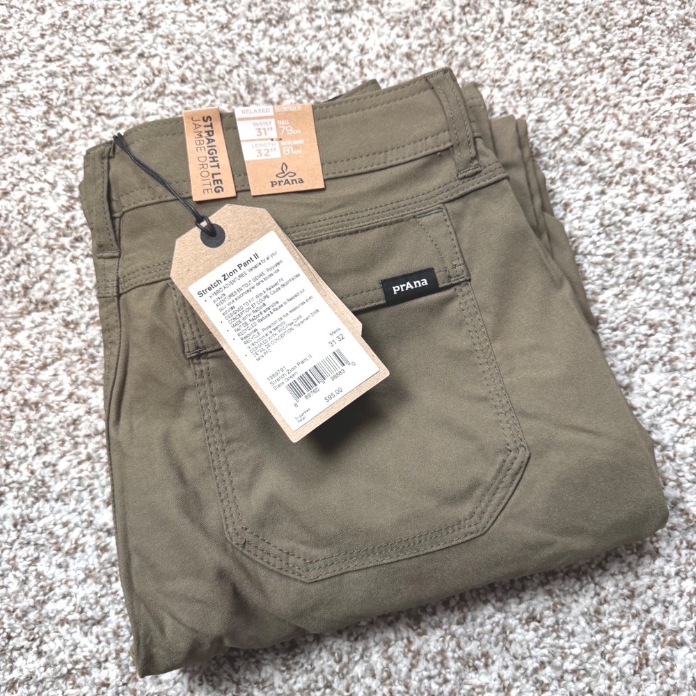 PrAna Men's 31x32 Stretch Zion‎ Pant II Olive Green Cargo Straight Leg Outdoor